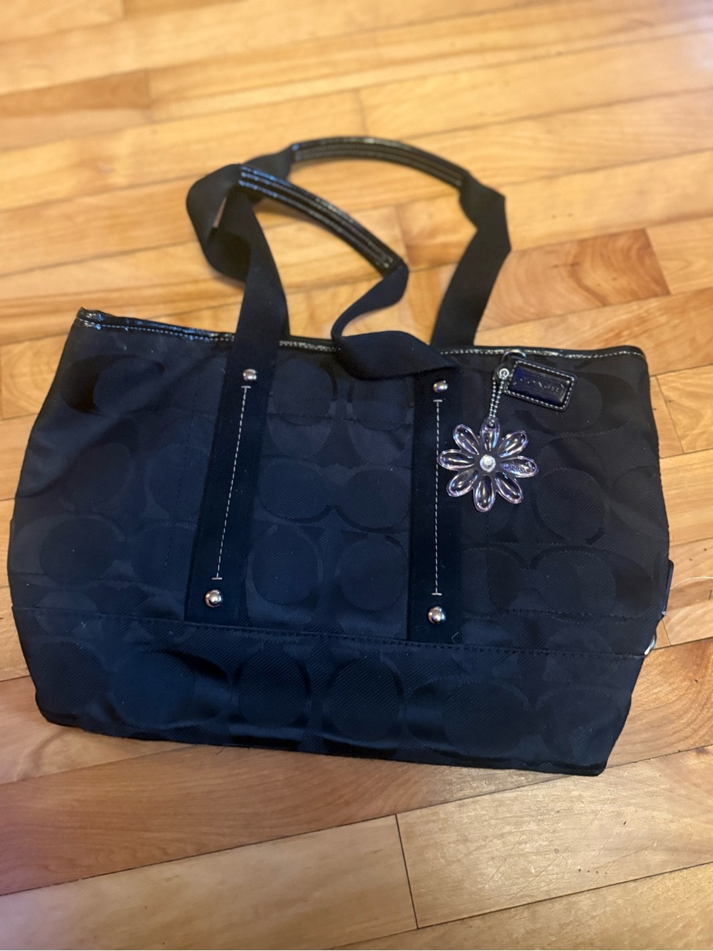 Coach Black Signature Tote with Floral Charm